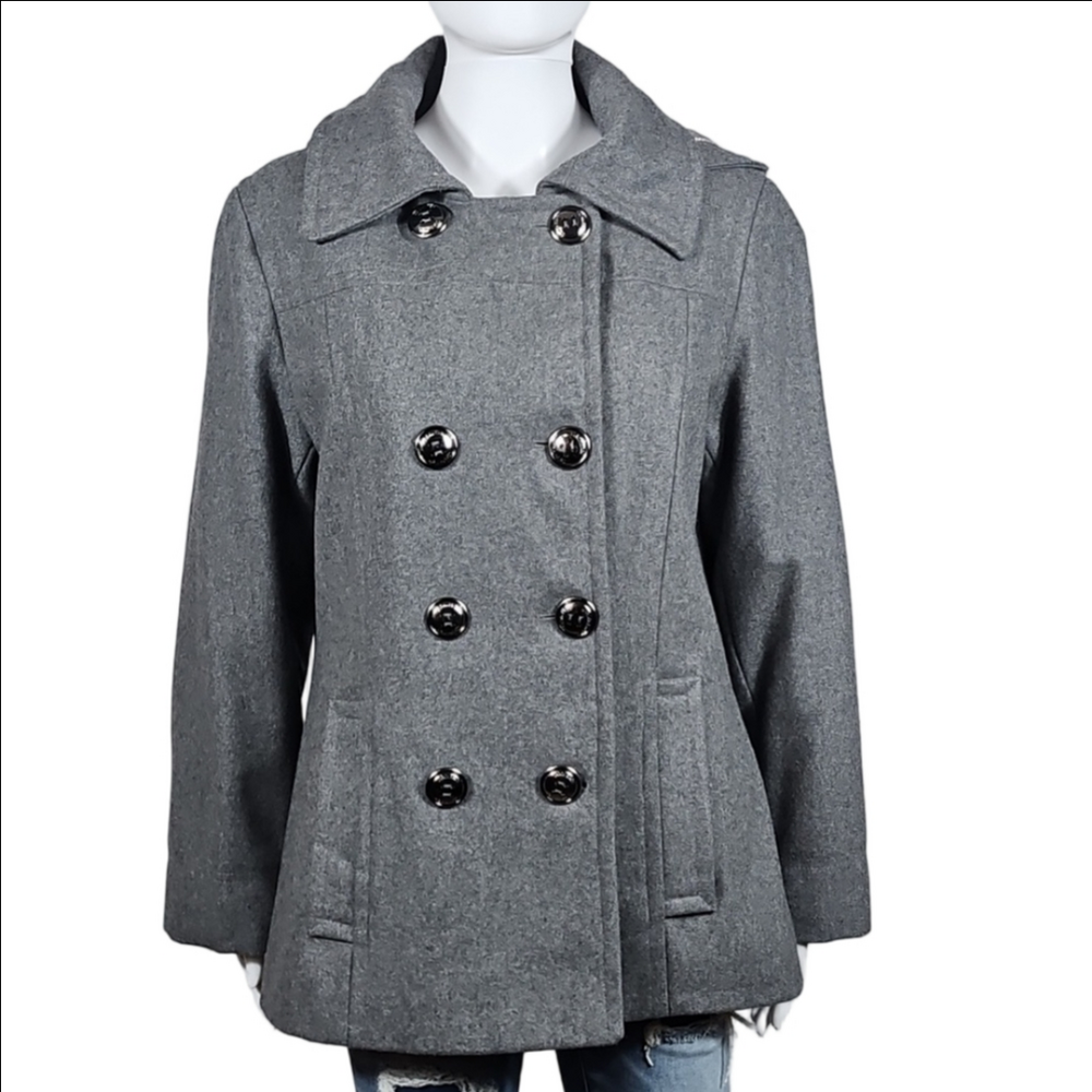 Calvin Klein Wool Blend Grey Double Breasted Pea Coat w Removeable Hood Size 12